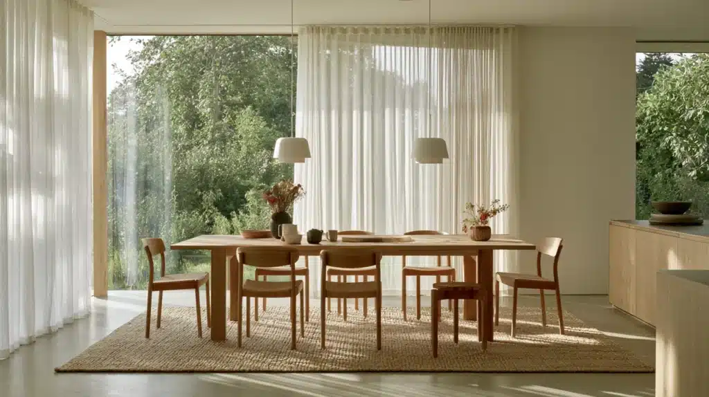 Moderne spisestue med lange hvide chiffon-gardiner, træmøbler og store vinduespartier.