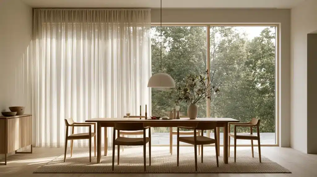 Lys spisestue med hvide chiffon-gardiner foran store vinduer og et spisebord i træ.