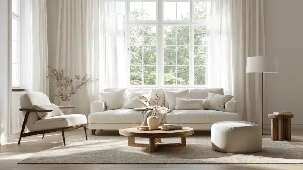 Lys stue med hvide chiffon-gardiner foran et stort sprossevindue, sofa og rundt sofabord.