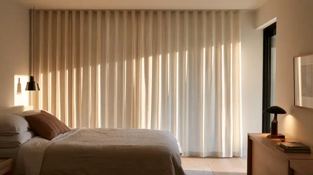 Soveværelse med beige, lange gardiner foran et stort vinduesparti og en seng i varme naturtoner.