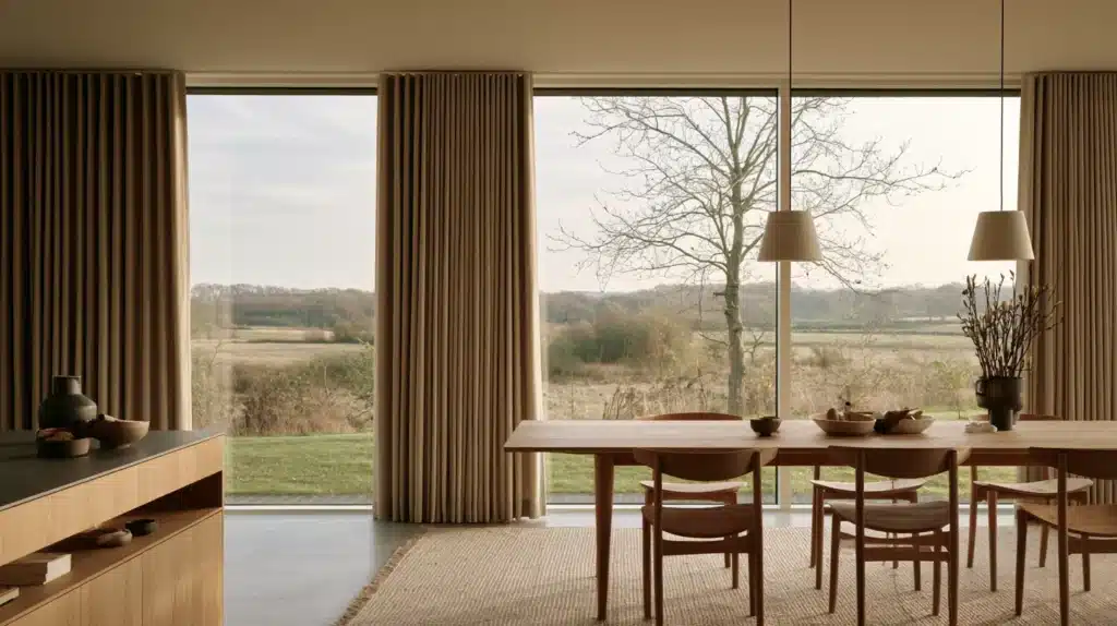 Moderne spisestue med beige gardiner ved store vinduer og udsigt over et åbent landskab.
