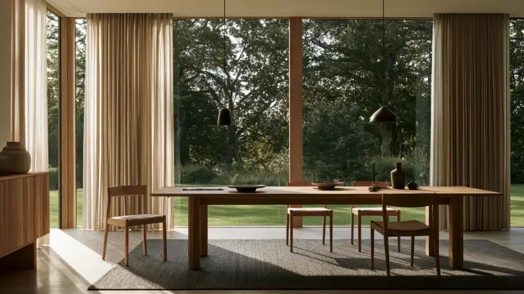 Spisestue med lange beige gardiner langs store vinduespartier og udsigt til en grøn have.