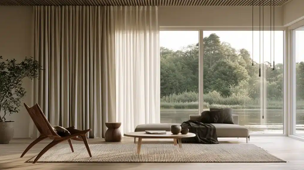 Elegant stue med lange beige gardiner, lænestol og store vinduer med udsigt til naturen.