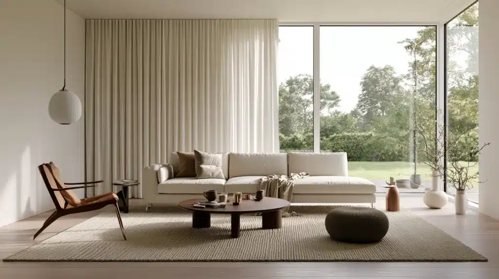 Lys stue med lange beige gardiner, sofa og store vinduer med udsigt til grønne omgivelser.