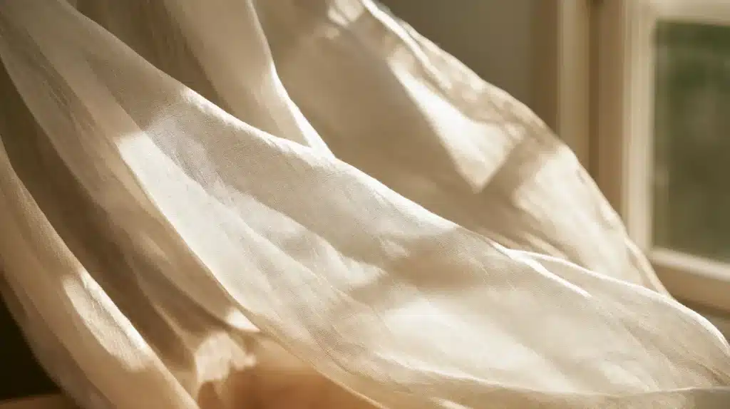 Nærbillede af det lette, lyse stof i florlette gardiner med bløde folder.