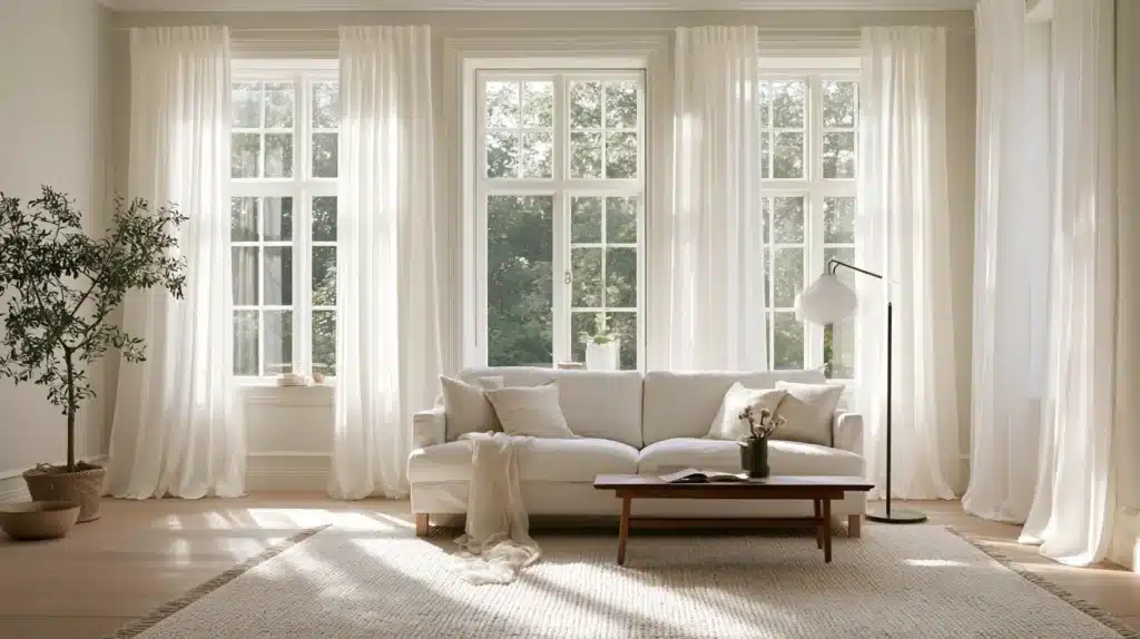 Florlette gardiner fra gulv til loft i en lys stue med sofa og store vinduer.