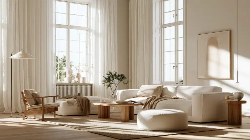 Florlette gardiner i en lys stue med store sprossede vinduer og bløde, beige møbler.