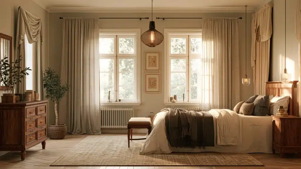 Lyst soveværelse med beige gammeldags gardiner langs de store vinduer.