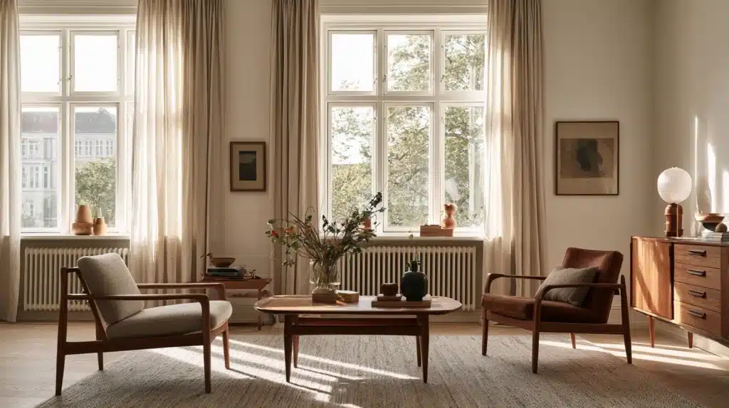 Lys stue med lange cremefarvede gardiner, store vinduer og klassiske møbler.