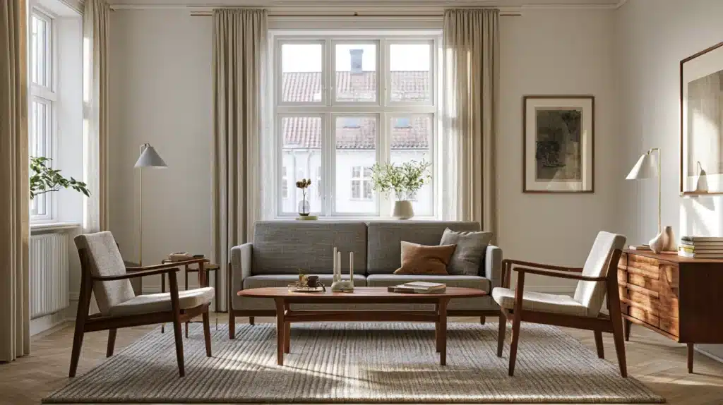 Klassisk stue med lange lyse gardiner foran store vinduer og træmøbler.