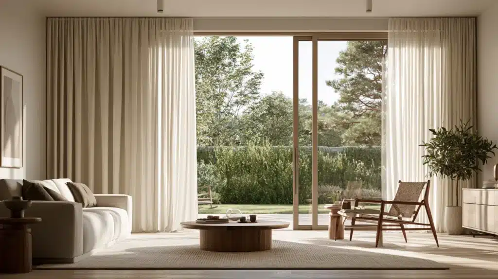 Beige gardiner indrammer en terrassedør i en moderne stue med udsigt til haven.