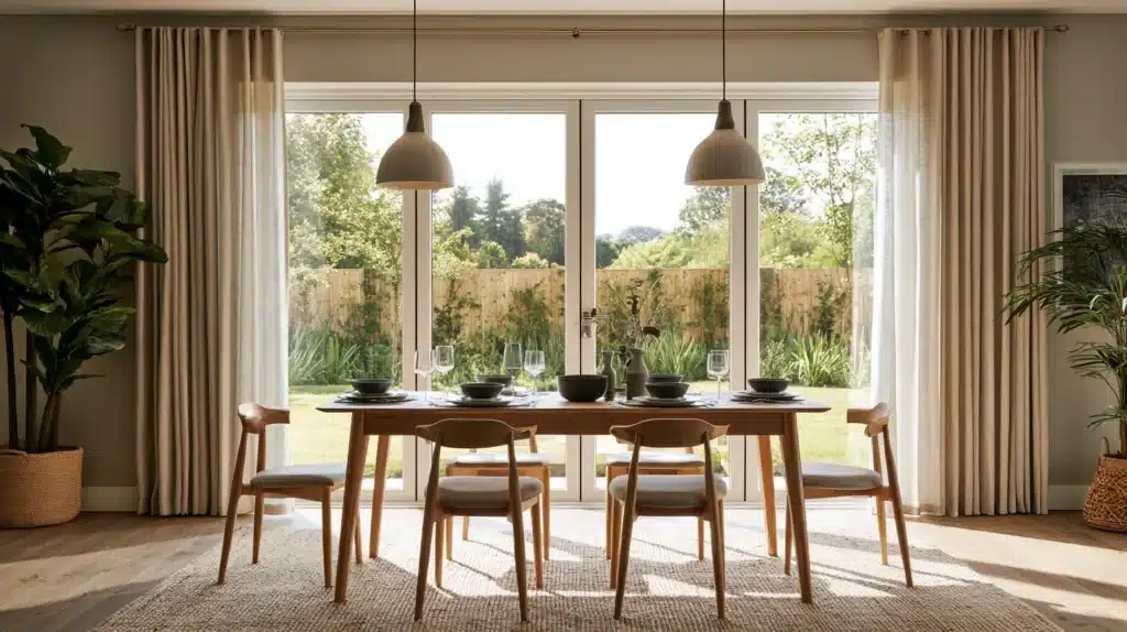 Beige gardiner ved en bred terrassedør i en lys spisestue med spisebord og grøn udsigt.