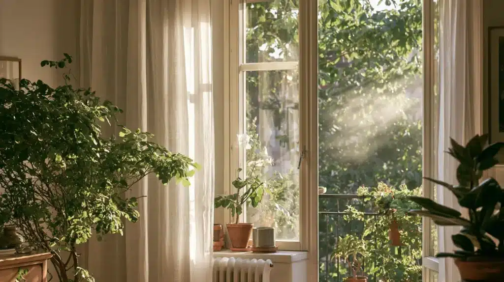 Lyse, lette gardiner foran et stort vindue med grønne planter og blødt dagslys.