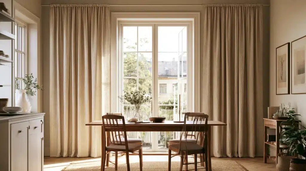 Beige gardiner omkring en stor glasdør i en lys spisestue med spisebord og stole.