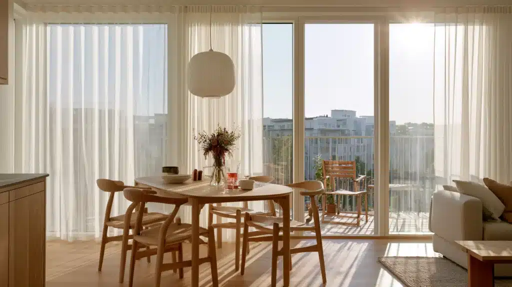 Lyse, transparente gardiner ved en bred glasdør i en moderne spisestue med udsigt til altanen.