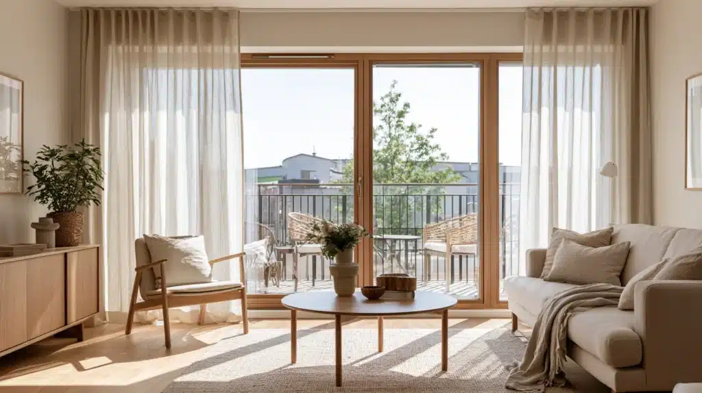 Lette gardiner omkring en bred balkondør i en hyggelig, lys stue med sofa og lænestol.