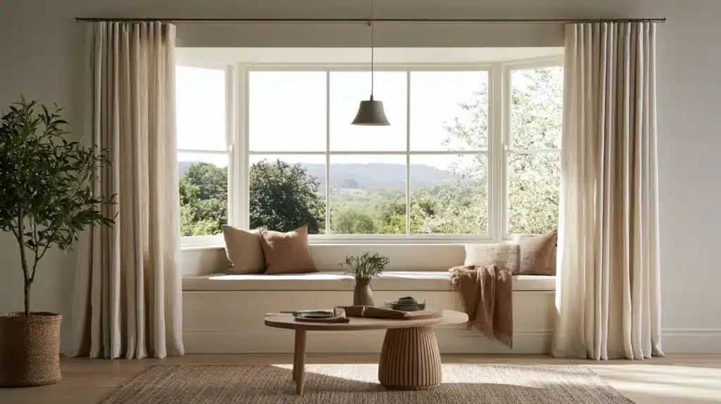 Beige gardiner til karnap omkring en bred vinduesbænk med udsigt til grønne omgivelser.