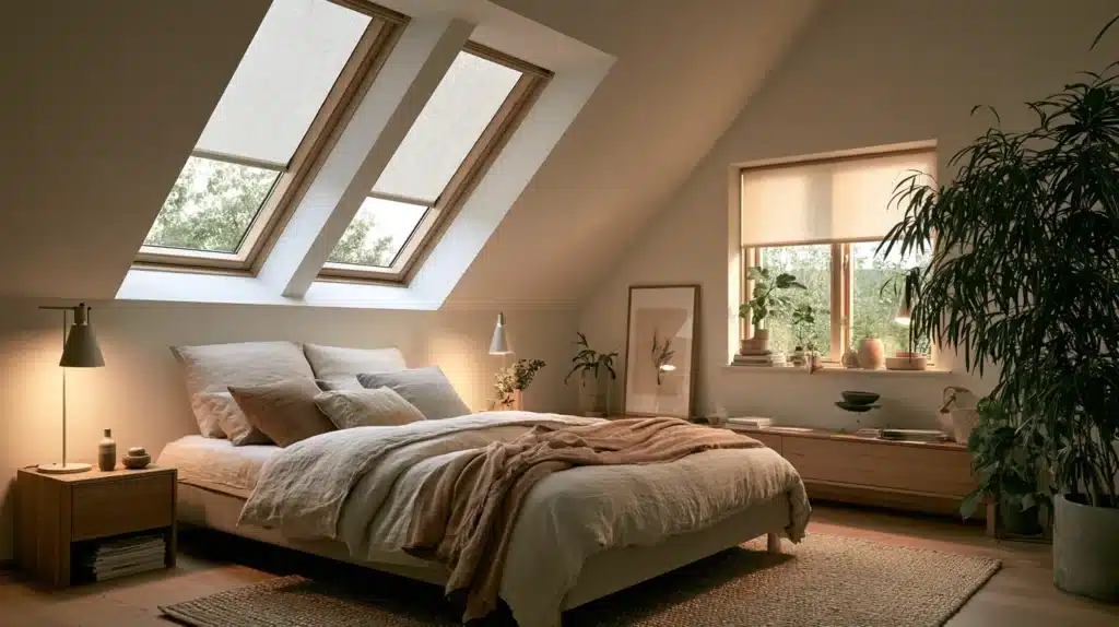 Trekantede vinduer med naturfarvede, vævede gardiner, der filtrerer sollyset.