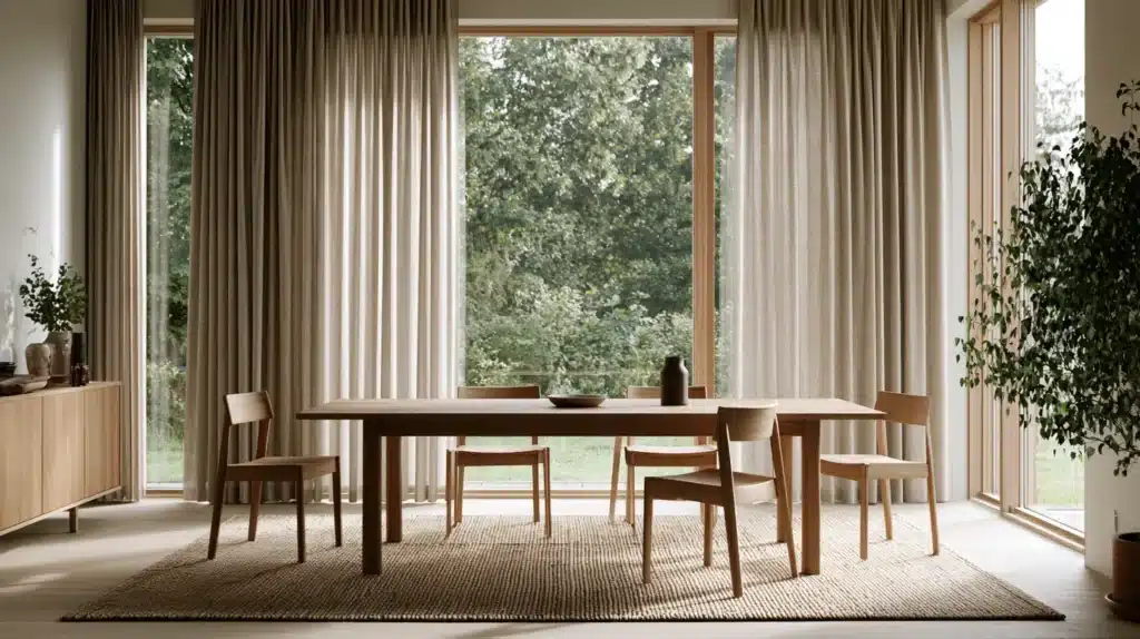 Gulvlange beige gardiner ved store vinduer i en lys spisestue med træbord, stole og udsigt til haven.