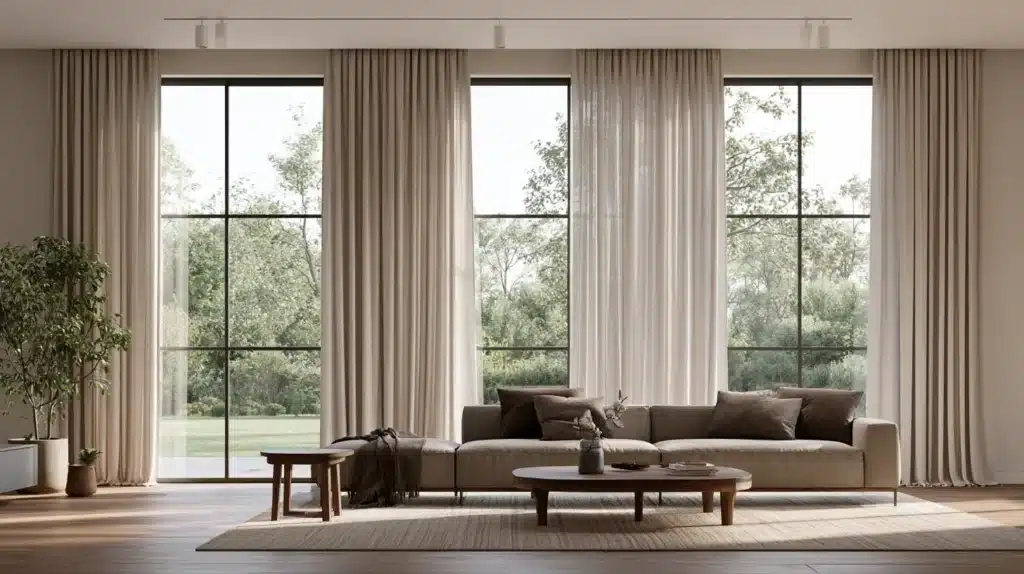 Gulvlange beige gardiner hænger ved store vinduer i en lys stue med sofa, sofabord og udsigt til grønne omgivelser.