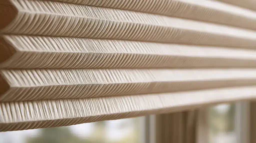 Detalje af et lyst honeycomb-gardin med tætte, vandrette folder foran et vindue.