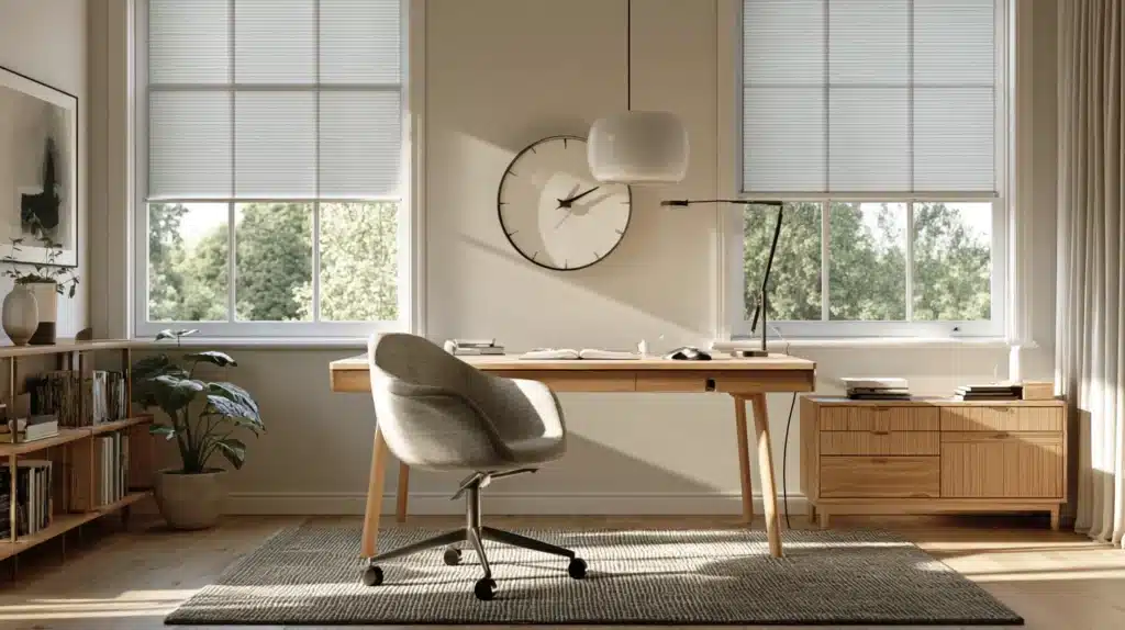 Lyst kontor med hvide honeycomb-gardiner på store vinduer og et skrivebord i træ.