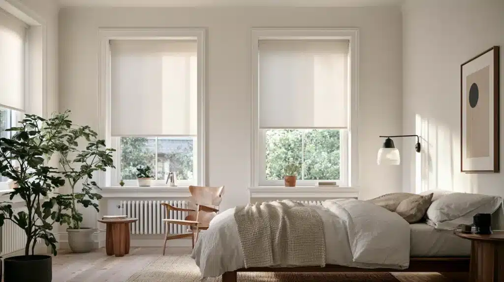 Lyst soveværelse med to honeycomb-gardiner, dobbeltseng, planter og naturlige materialer.