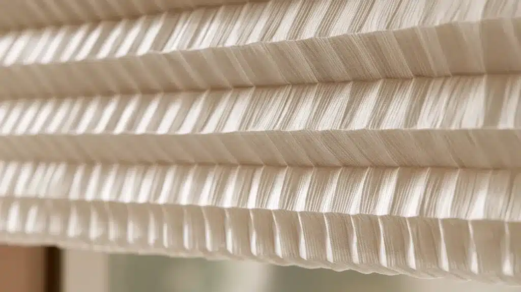 Nærbillede af et lyst honeycomb-gardin, hvor de foldede celler og teksturen i stoffet ses tydeligt.