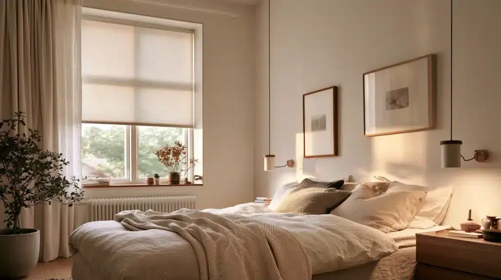 Soveværelse med lyst honeycomb-gardin ved vinduet, seng med beige tekstiler og varme trædetaljer.