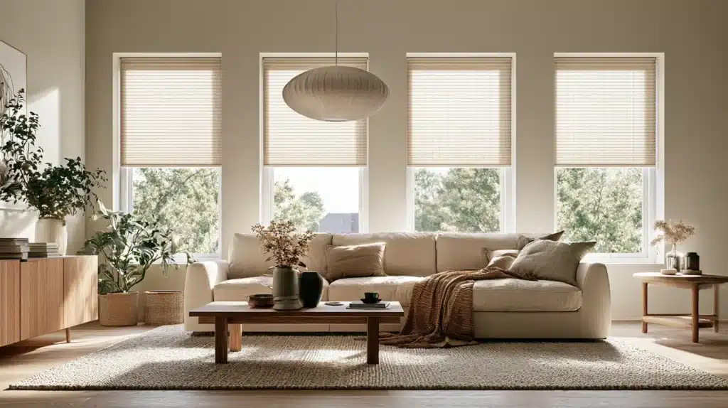 Lys stue med honeycomb-gardiner på flere vinduer, beige sofa og sofabord i træ.