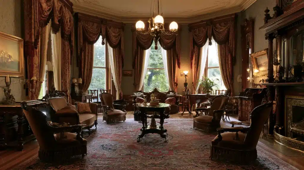 Elegant salon med røde klunke-gardiner, høje vinduer, klassiske møbler og et stort mønstret gulvtæppe.