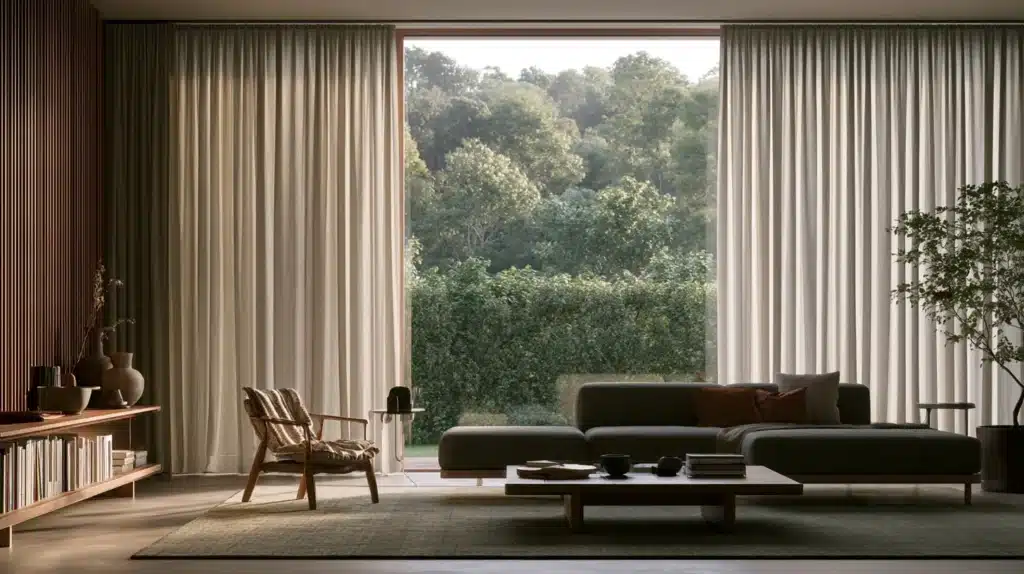 Elegant stue med lange beige gardiner, trædetaljer og store vinduer ud mod haven.
