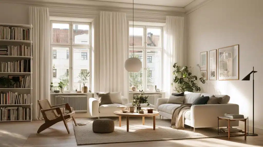 Lyse, lysfiltrerende gardiner ved store vinduer i en rolig stue med bogreol, sofa og lænestol.