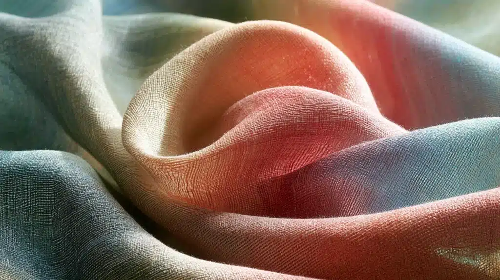 Nærbillede af let, bølgende gardinstof i rosa, blå og lyse nuancer.
