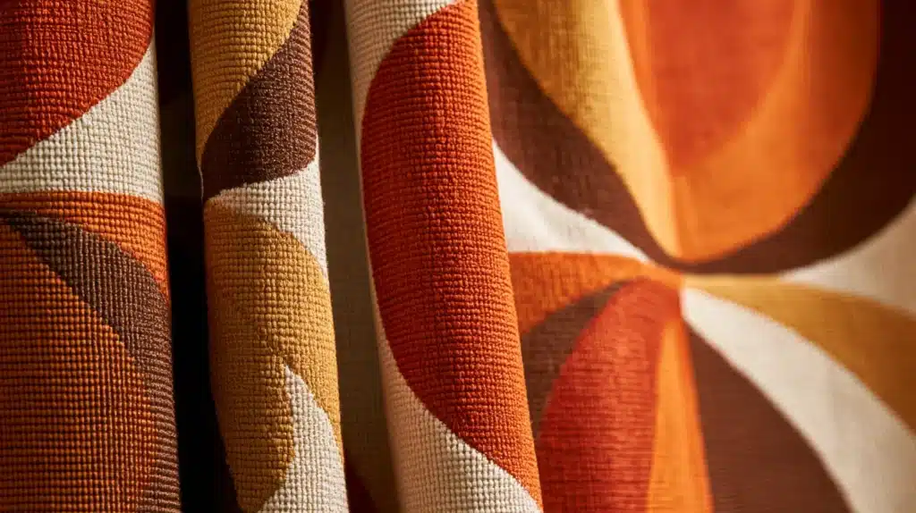 Nærbillede af retro gardinstof med geometriske former i orange, brun og beige.