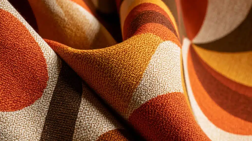 Nærbillede af kraftigt retro gardinstof med buede former i orange, brun og beige.