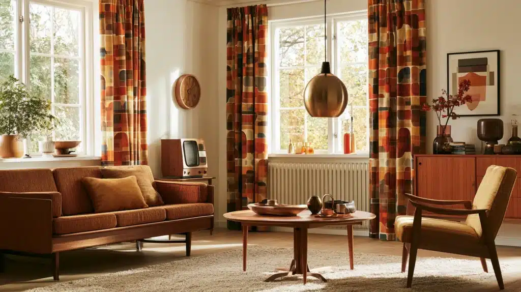 Retroinspireret stue med brun sofa, lænestol og mønstrede gardiner ved vinduet.