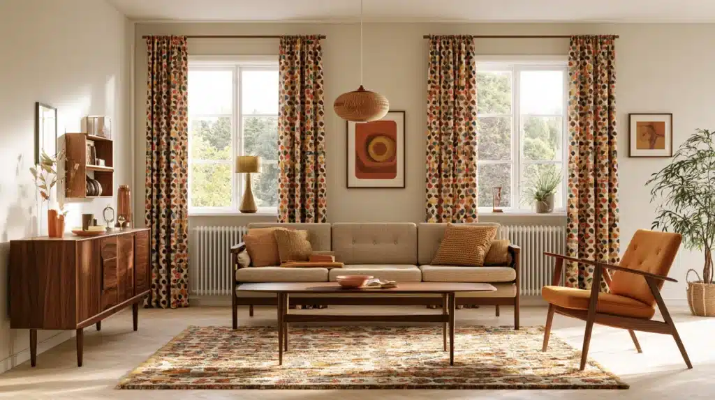 Stue med beige sofa, træmøbler og mønstrede retro gardiner ved vinduerne.