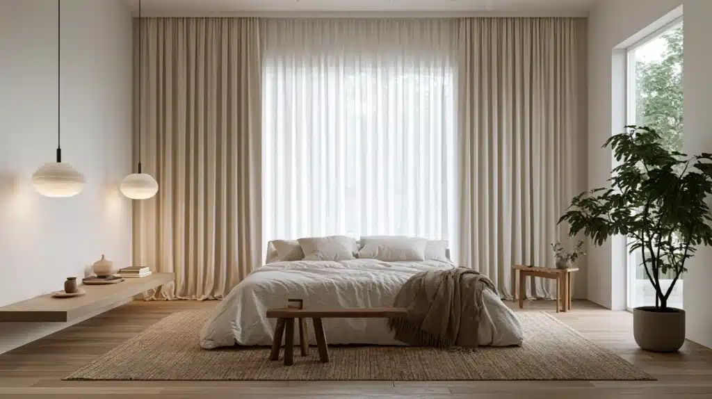 Soveværelse med beige undergardiner fra loft til gulv omkring et stort vindue og en seng med lyst sengetøj.