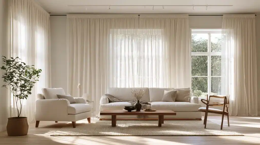 Lys stue med gulvlange lyse undergardiner, stor sofa og brede vinduer med udsigt til haven.