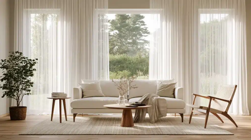 Lys stue med hvide undergardiner foran flere høje vinduer, sofa, sofabord og lænestol.