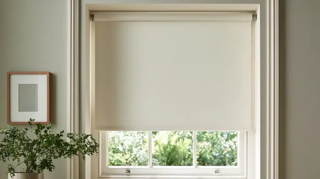 Beige rullegardin ved et lyst vindue i et roligt rum med en grøn plante ved siden af.